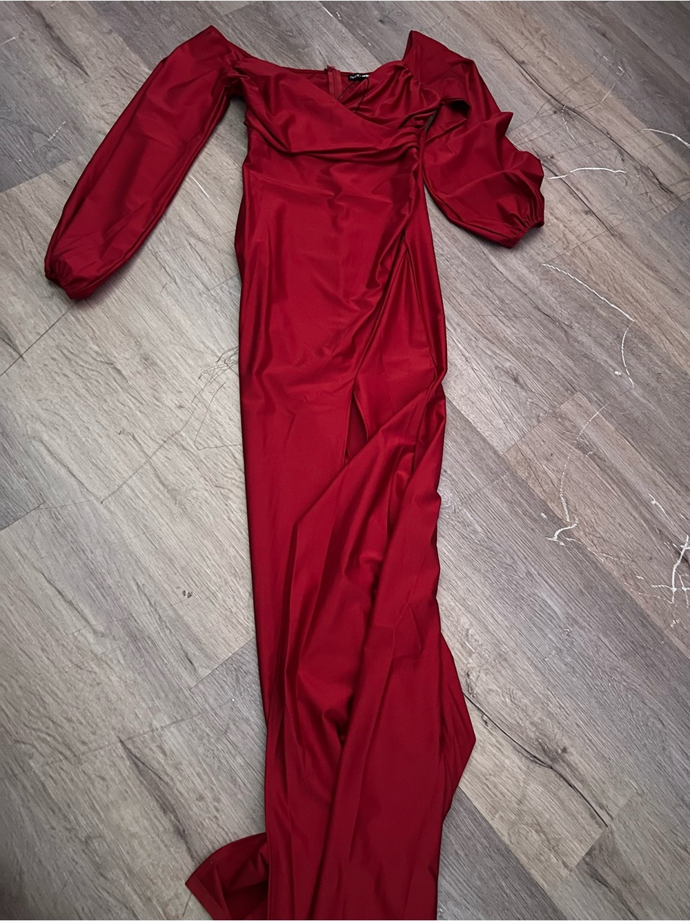 Fashion Nova Red Off-the-Shoulder Satin Maxi Dress